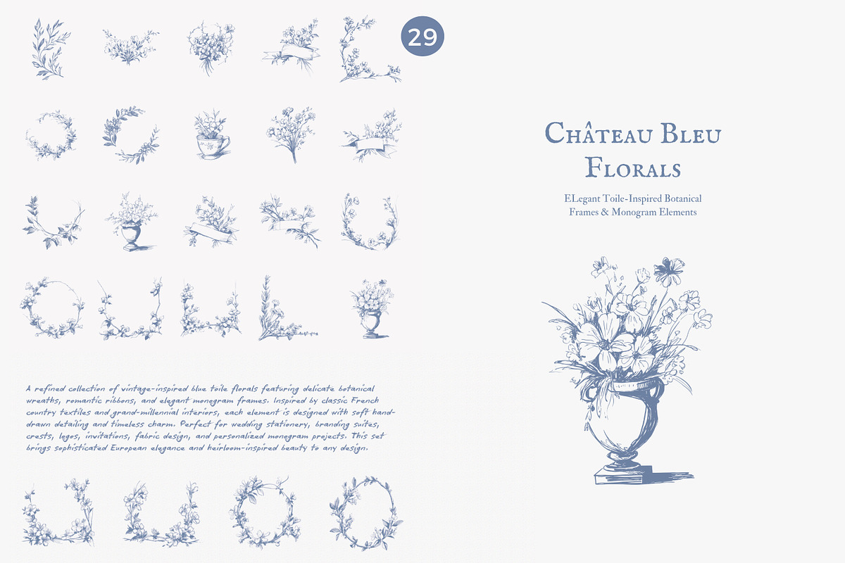 Blue toile floral monogram frames, a Decorative Illustration by Patishop Art (Photo 6 of 9)