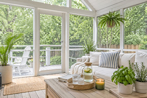 Bright sunroom interior with cozy se, a Photo by Dvoevnore photos