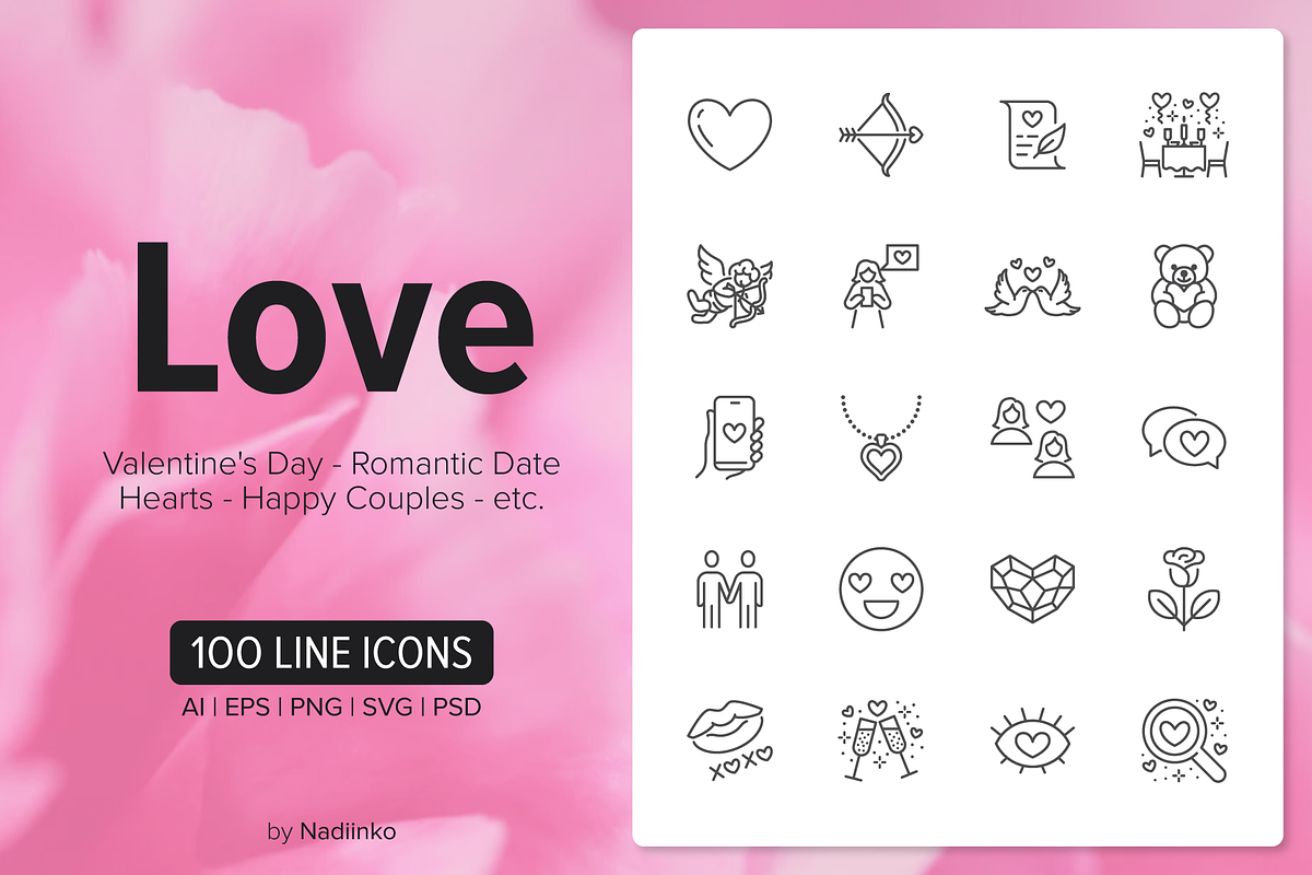 100 Love Icons, an Outline Icon by Nadiinko (Photo 1 of 3)