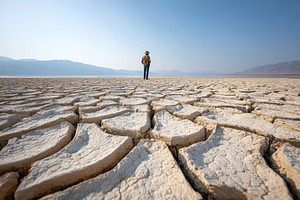 Cracked earth landscape with a solitary figure in a desolate environment at mid, a Nature Photo by AlyaAnd
