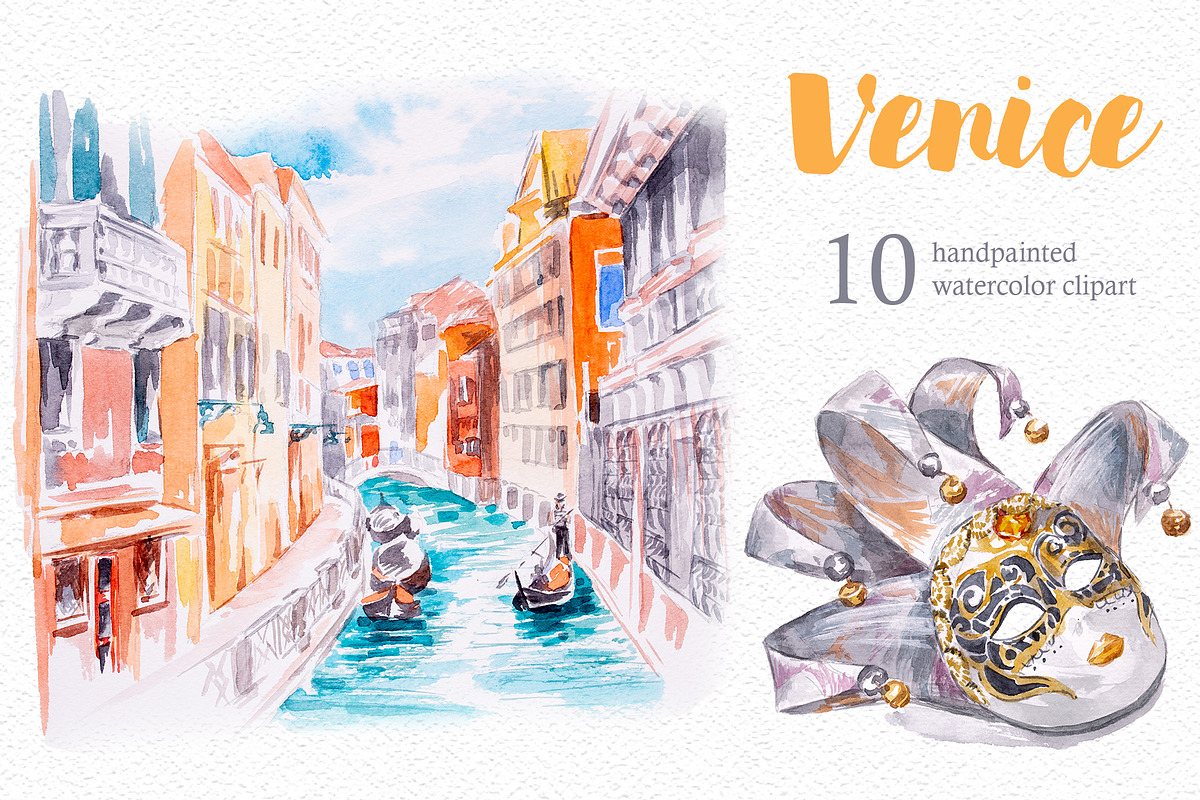 Watercolor Venice Clipart Set, a Decorative Illustration by ArtCreationsDesign (Photo 1 of 2)