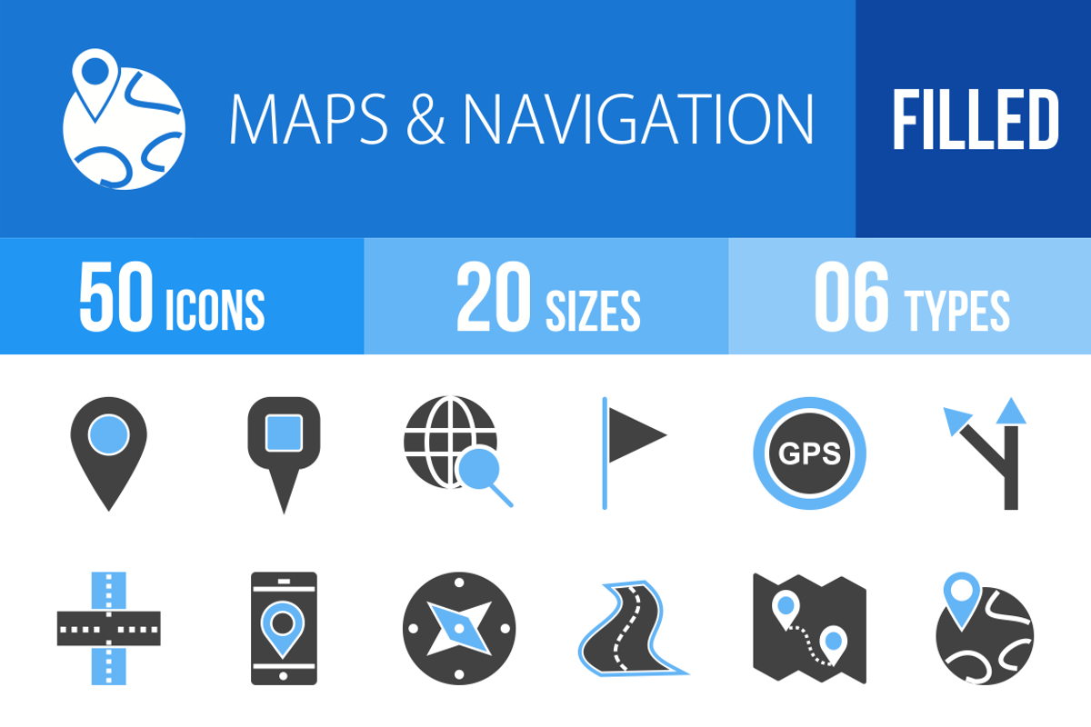 50 Maps Blue & Black Icons