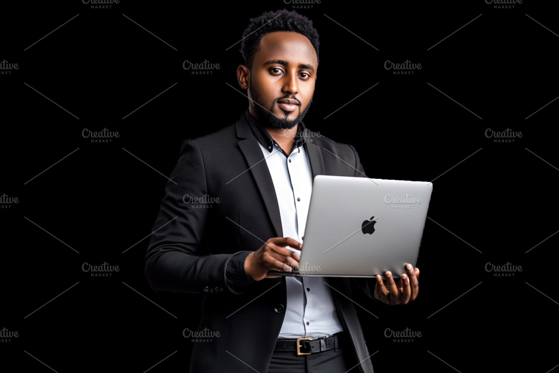 Businessman standing holding laptop, a Business Photo by HubbaDigitals