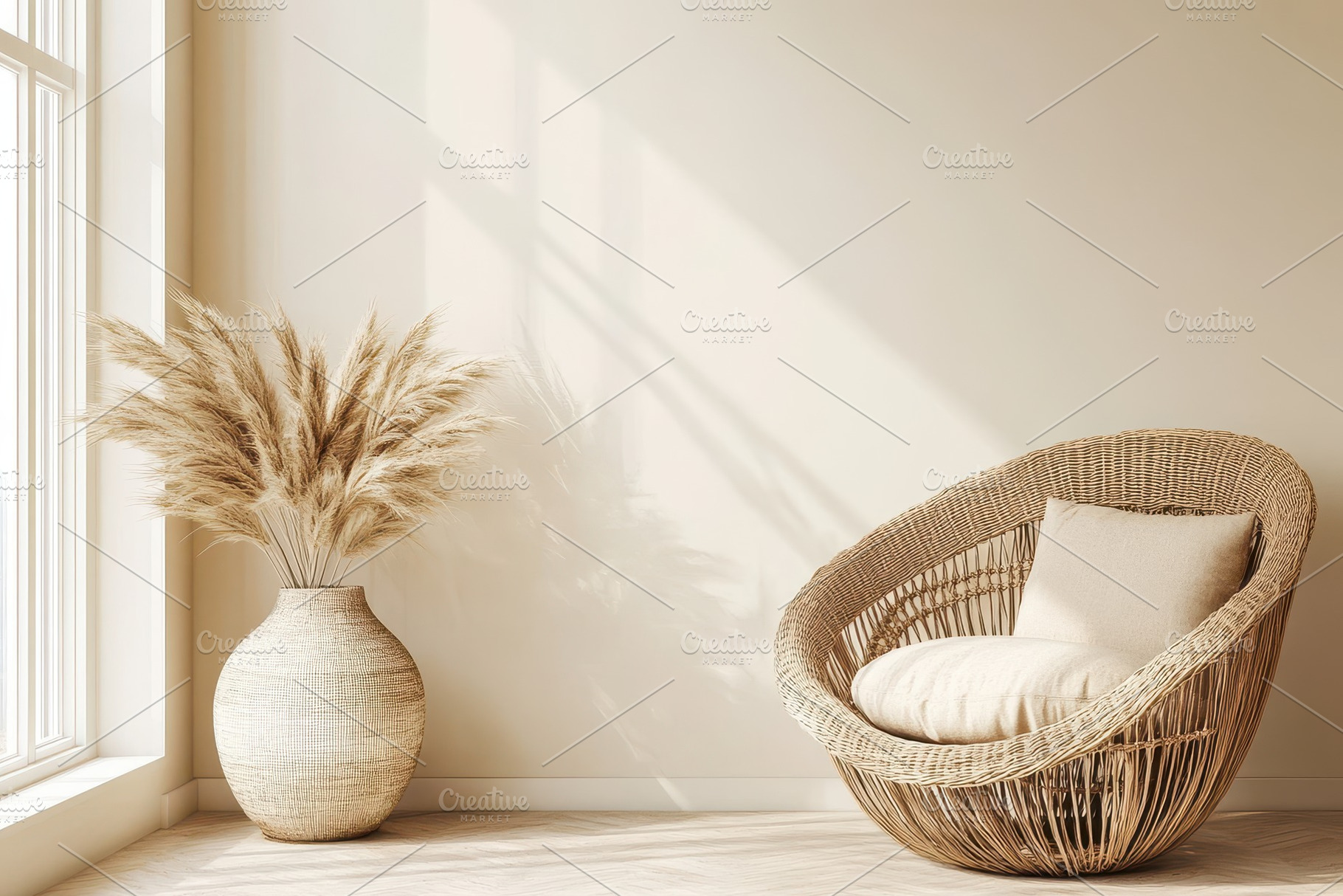 Empty beige wall mockup in a boho, a Photo by Pavel_design