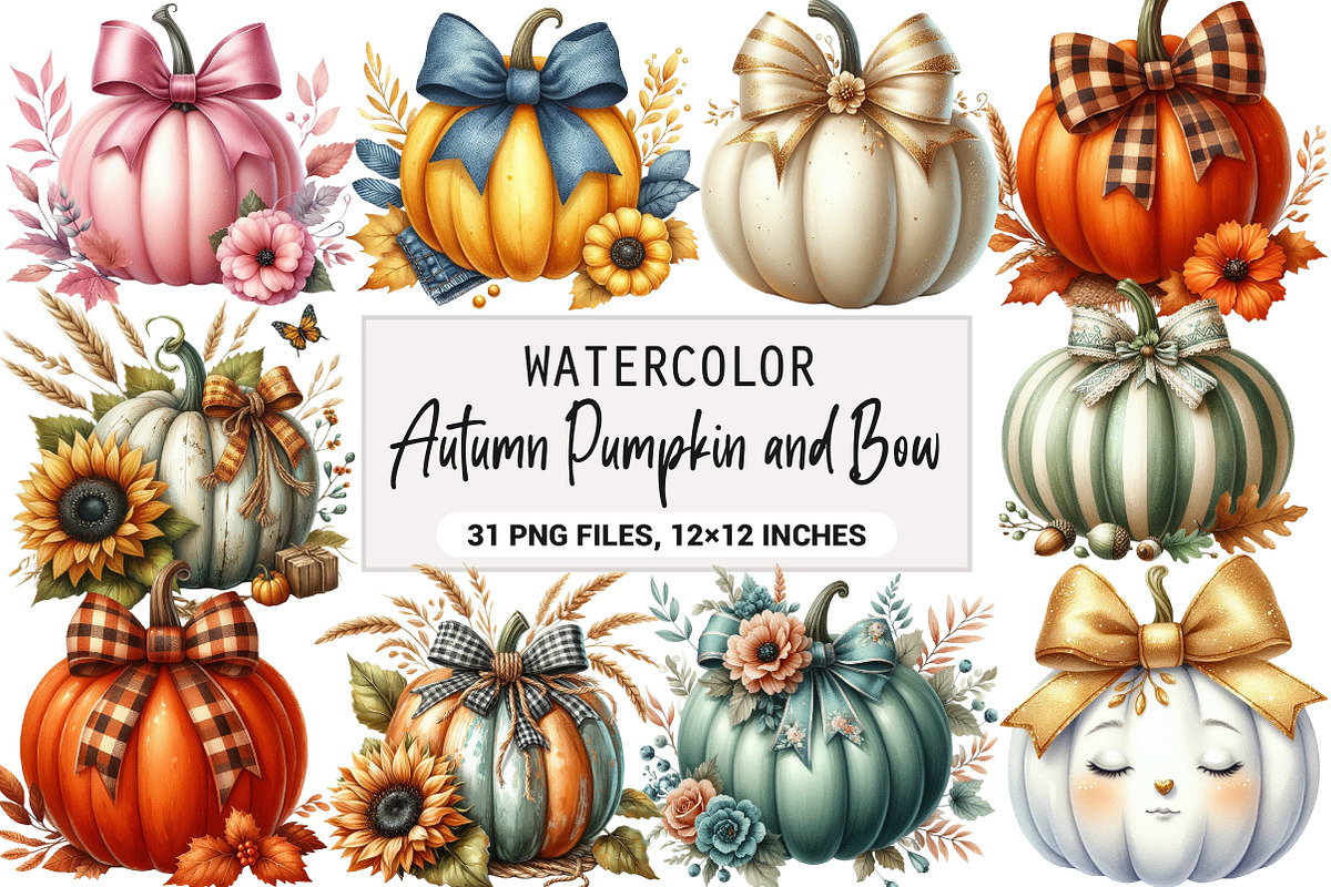 Autumn Pumpkin and Bow Clipart, an Illustration by DreamArtGraphic (Photo 1 of 7)
