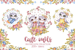 Cute owls. Watercolor collection