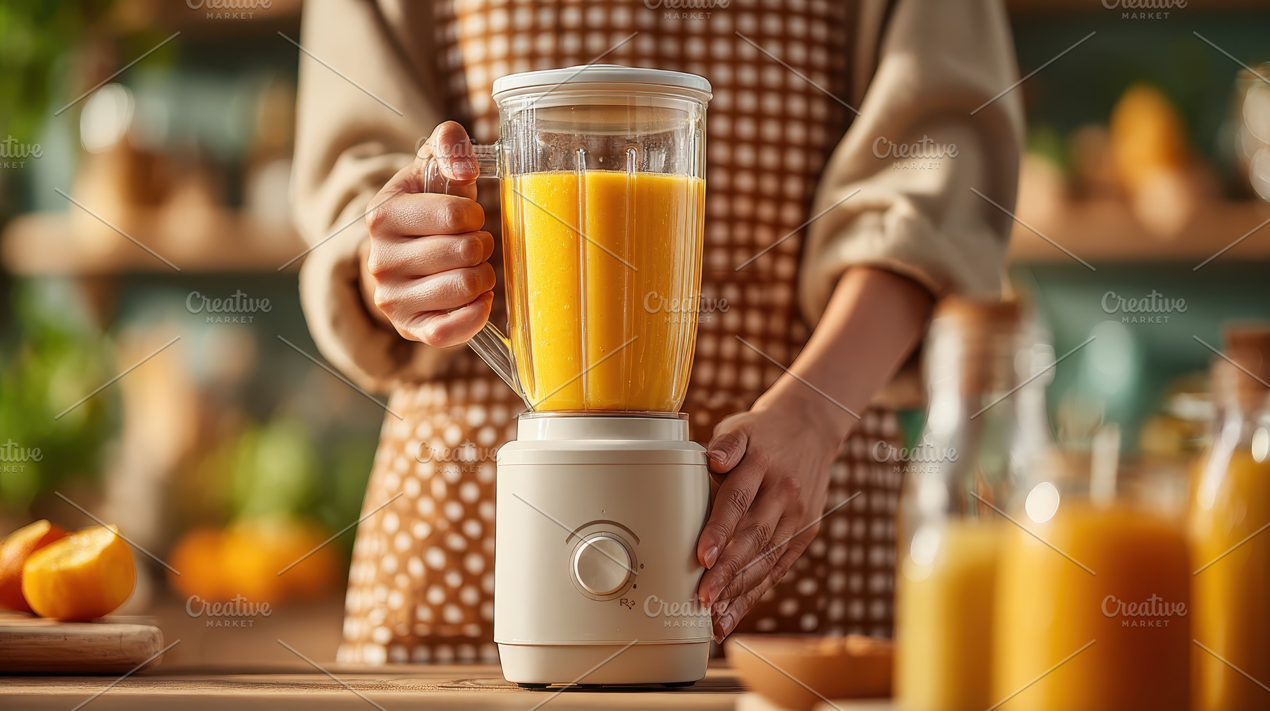 Woman making orange juice in blender, a Photo by Pixeness Studio