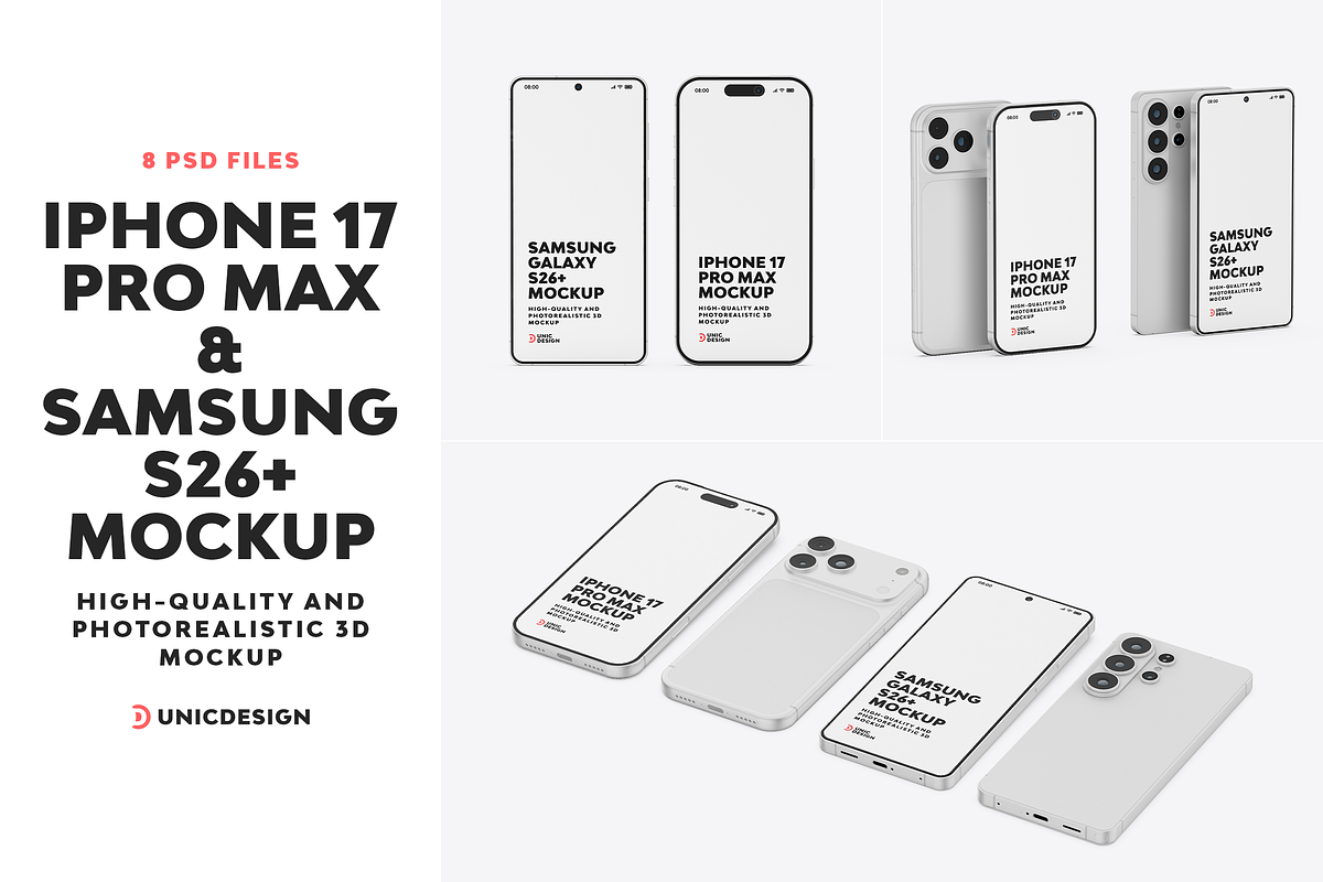 iPhone 17 & Samsung S26 Phone Mockup, an iPhone Mockup by UnicDesign (Photo 1 of 9)