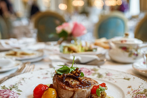 Fine dining experience with gourmet meal serving, meat medallion, a Food & Drink Photo by Anneleven