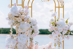 wedding ceremony area, arch chairs decor, a Food & Drink Photo by Weddings, People, Travel