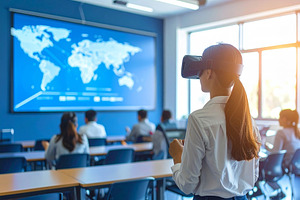 Student wearing AR glasses in a classroom symbolizing immersive, a School & Education Photo by DanFLCreativo