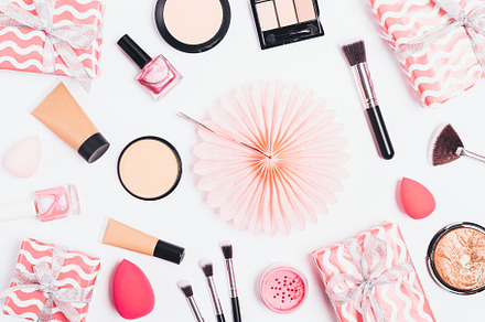 Festive flat lay background of makeup products, a Beauty & Fashion Photo by progressman