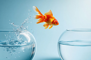 Goldfish leaps between two bowls of water in a dynamic display of agility and e, an Animal Photo by AlyaAnd