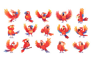Parrots cartoon set. Red cheerful, an Animal Illustration by Stock-Smart-Start