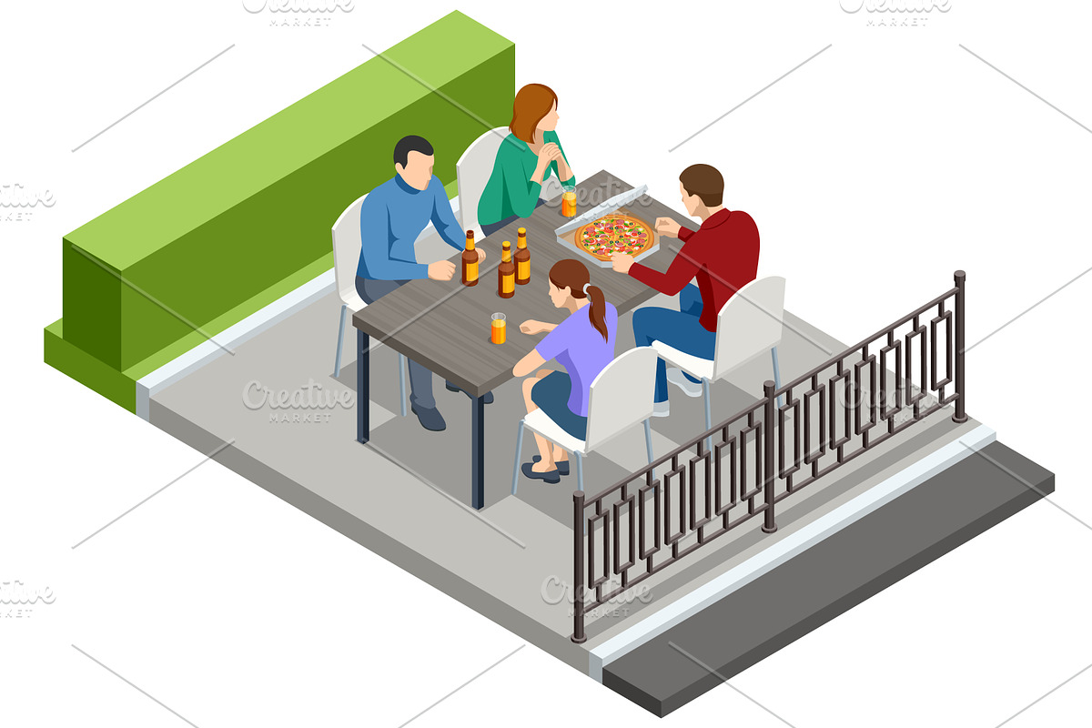 Family with pizza at outdoor cafe, a Food Illustration by Golden Sikorka