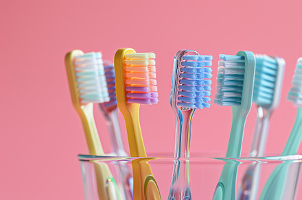 New toothbrushes in glass on pink background, a Health & Medical Photo by AlyaAnd
