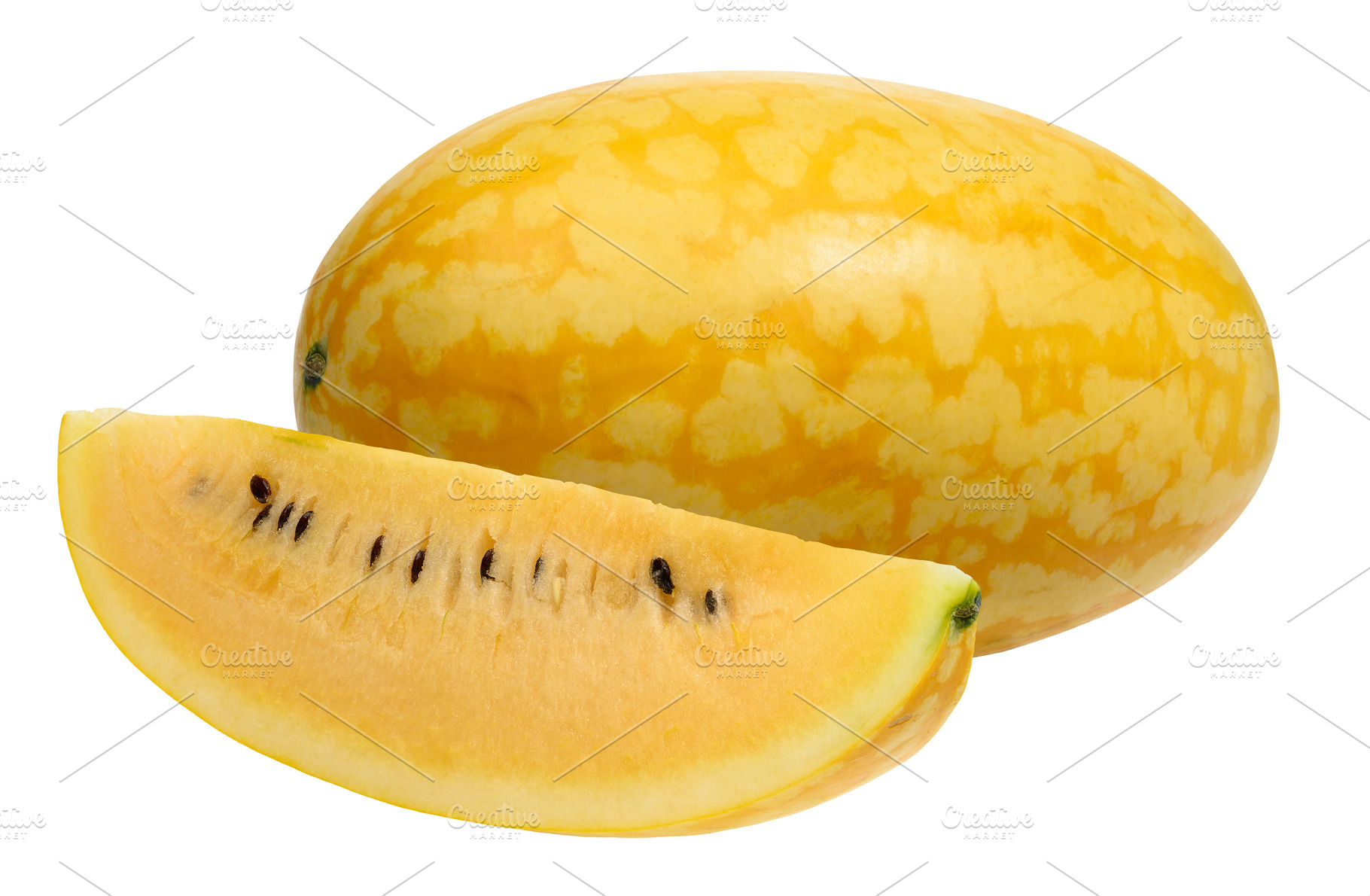 A piece and a whole yellow watermelon on an isolated background, a Food & Drink Photo by ndanko