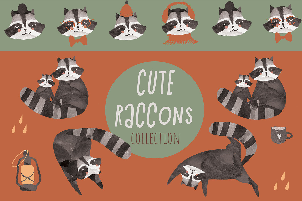 Cute Raccoons Watercolor, a Pattern Graphic by watercolor kamill (Photo 1 of 8)