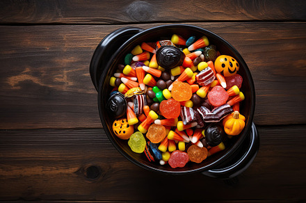 Halloween candies in bucket on brown wooden background, a Holiday Photo by AlyaAnd