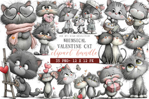 Whimsical Valentine Cat Clipart, an Illustration by DreamArtGraphic