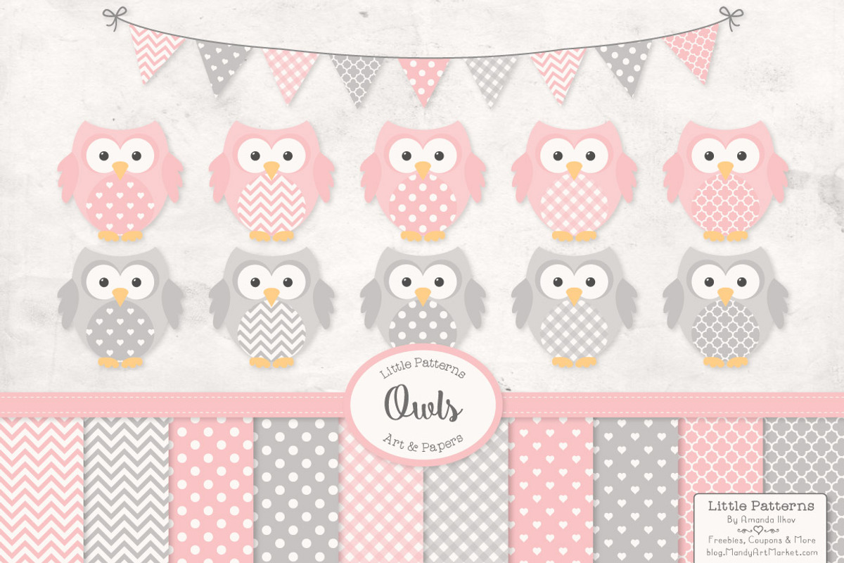 Pink & Grey Owl Vectors & Papers, an Animal Illustration by Amanda Ilkov (Photo 1 of 3)