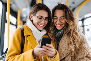 Two smiling young women in stylish, a Transportation Photo by MistyDay