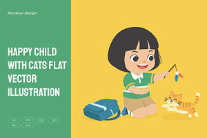 Happy Child with Cats Flat Vector, a Person Illustration by Partikusi Design