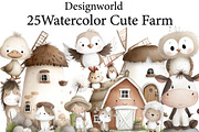 Watercolor Cute Farm Clipart, an Illustration by Designworld (Thumbnail 1 of 6)