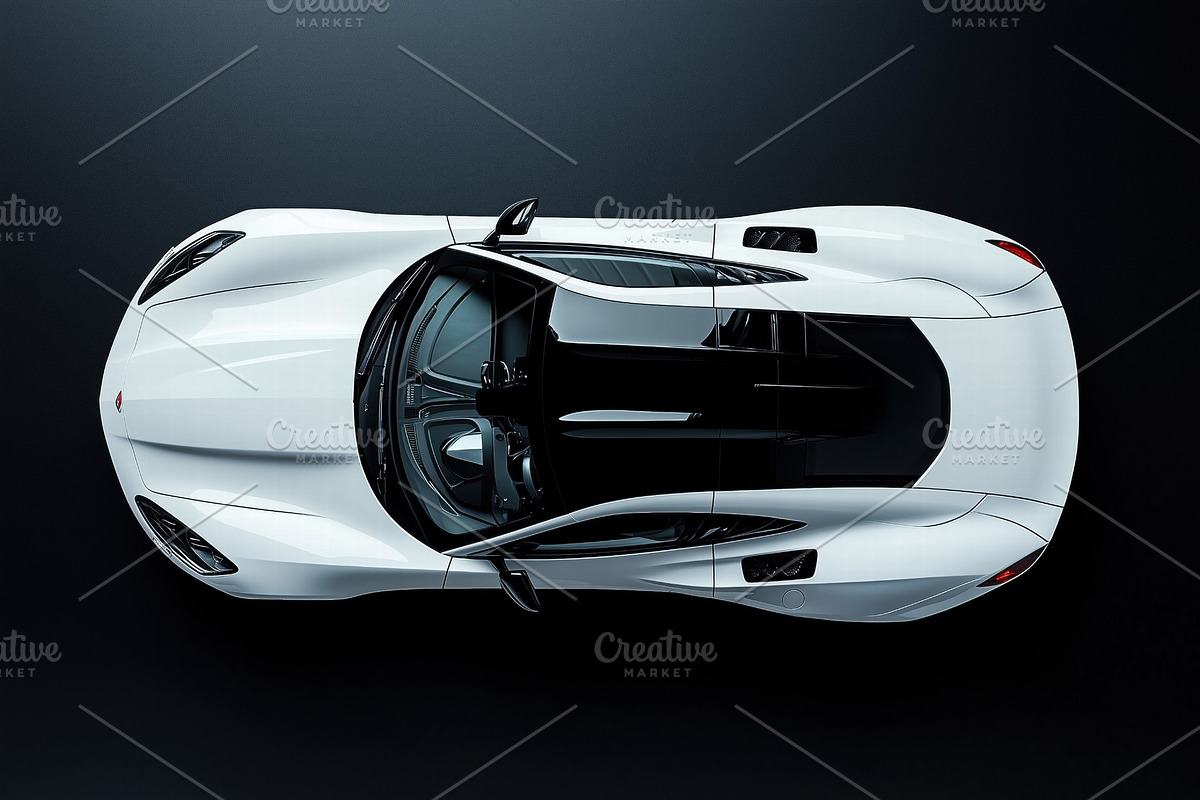 Top view of a sleek white sports car with aerodynamic design and black accents., an Object Graphic by Textures & Backgrounds