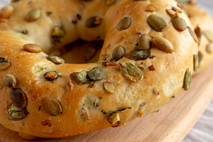 Homemade Healthy Organic Pumpkin Seed Bagels for Breakfast, side, a Food & Drink Photo by LiudmylaChuhunova