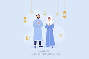 Happy Muslim Family Eid Al-Fitr, a Seasonal Illustration by Partikusi Design (Thumbnail 2 of 3)