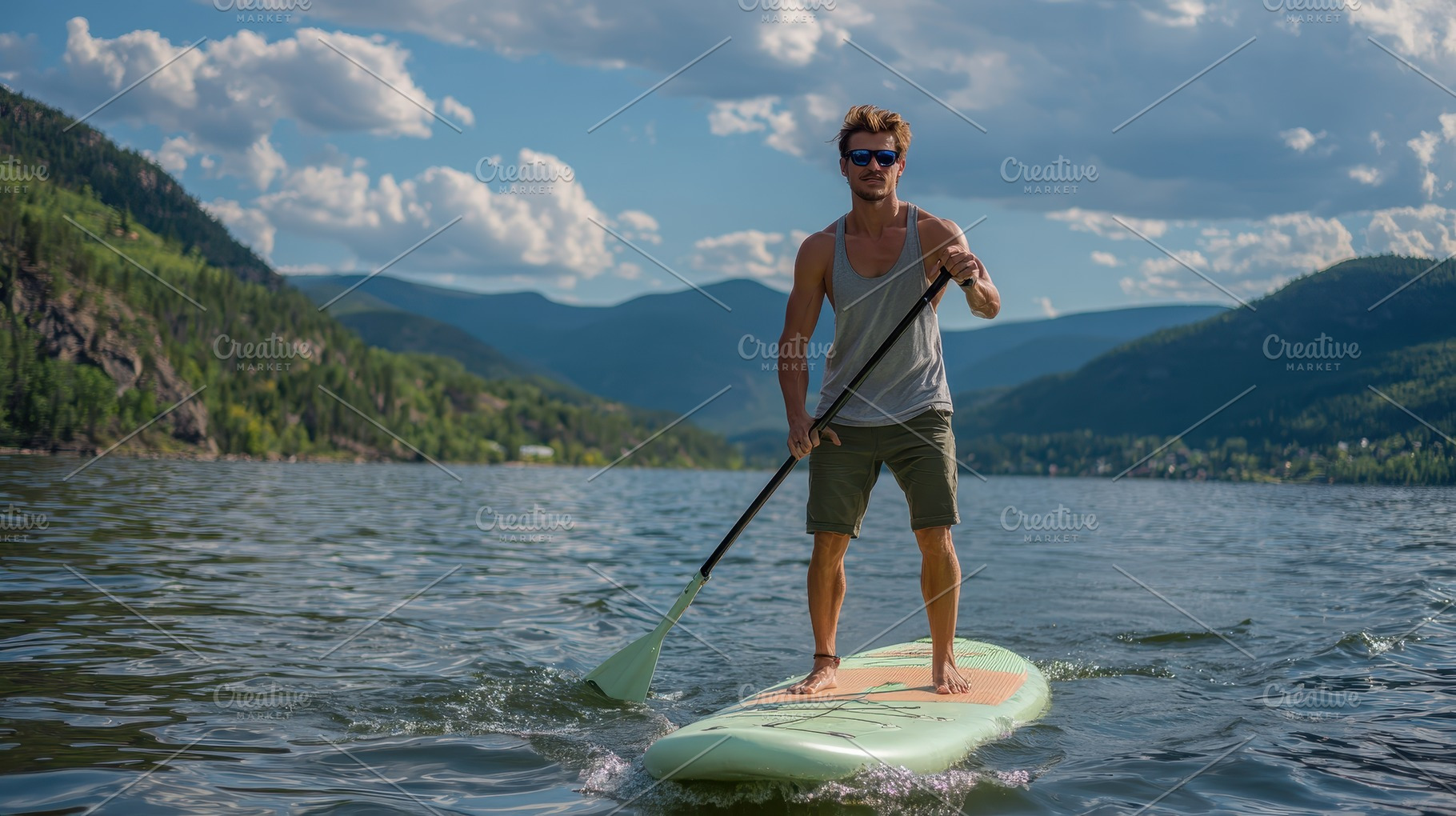 Man Paddle Boarding on Calm Lake Stu, a Photo by Pixeness Studio