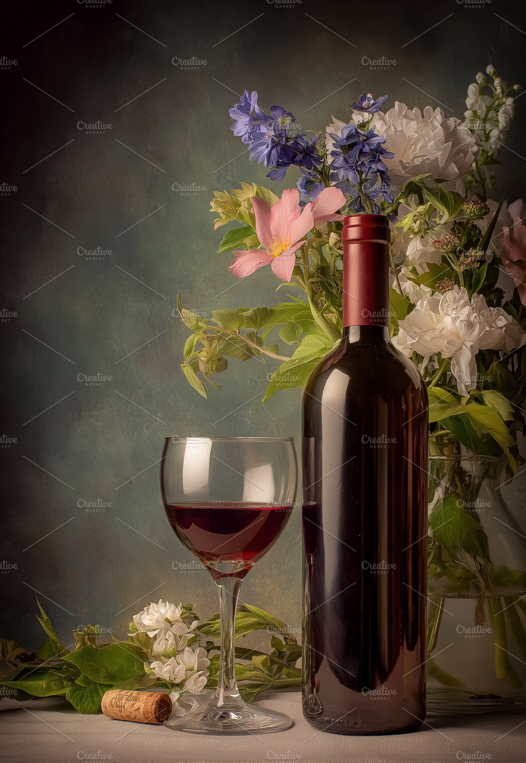 Red wine bottle and poured glass with a vibrant floral bouquet, creating a clas, a Food & Drink Photo by Studio ANNA