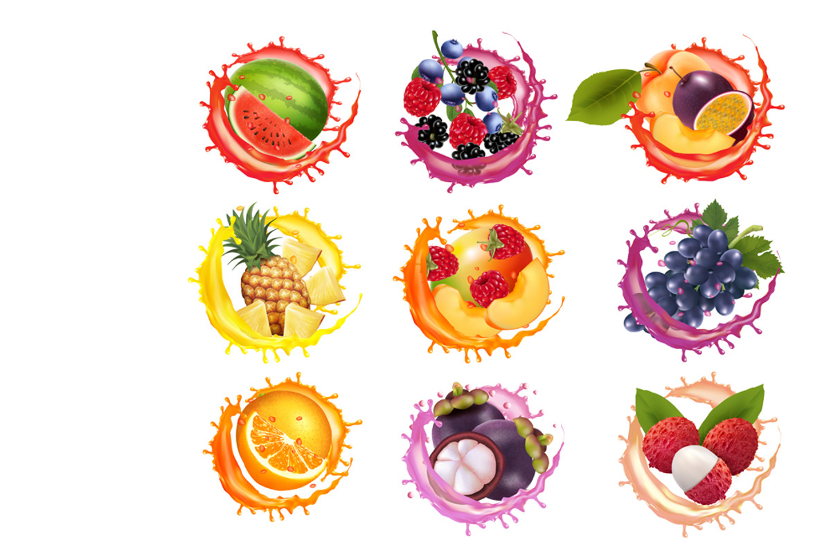 Set of fruits in juice splashes vect, an Object Graphic by ecco