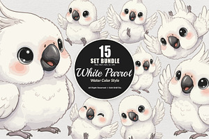 15 Bundle Watercolor White Parrot, an Animal Illustration by Morspective