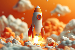 Launch of a white rocket on orange background, white smoke and clouds, a Photo by AlyaAnd