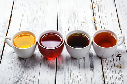 Different cups of aromatic tea on wooden table, a Food & Drink Photo by AlyaAnd