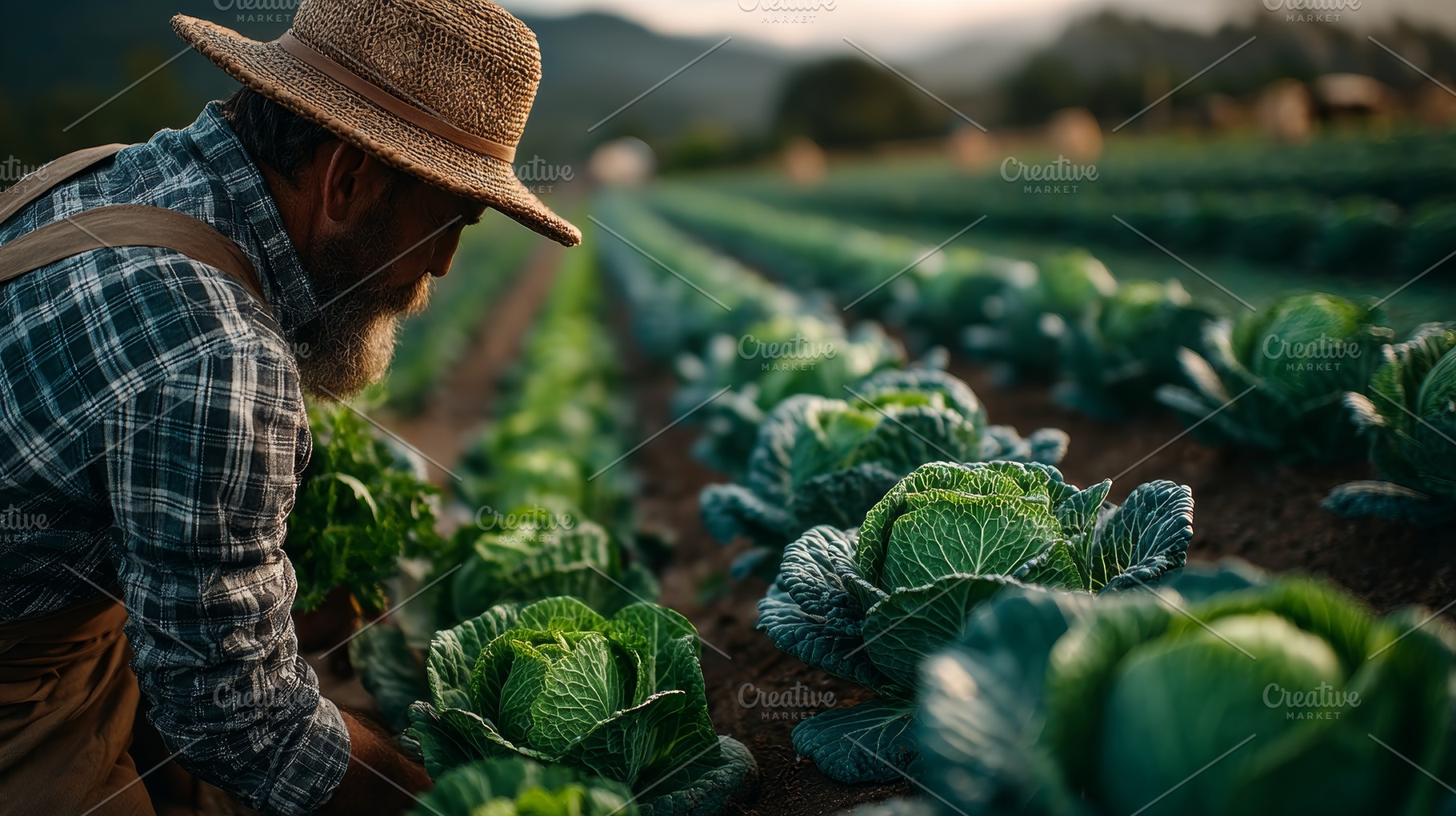 Sustainable farmer harvesting fresh cabbage in a sunlit rural field wearing a s, a Photo by AS photostudio