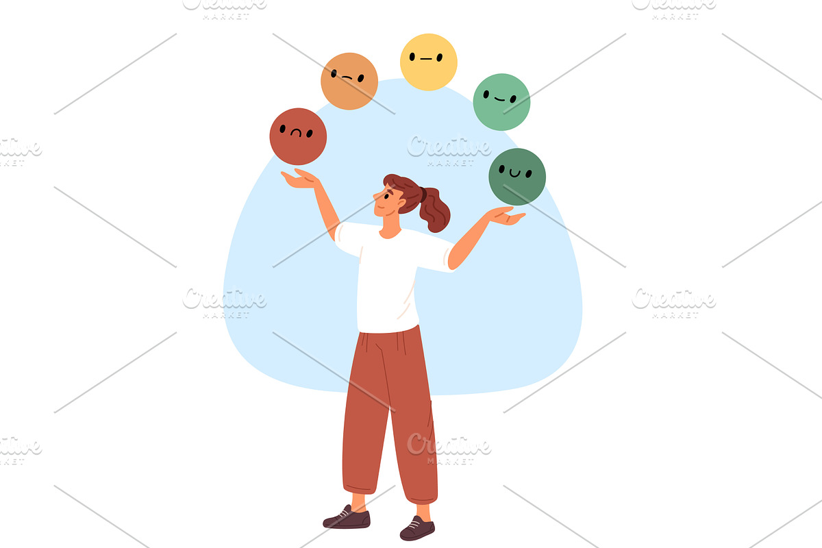 Woman juggling emoticons with, a Person Illustration by Vectorbuum