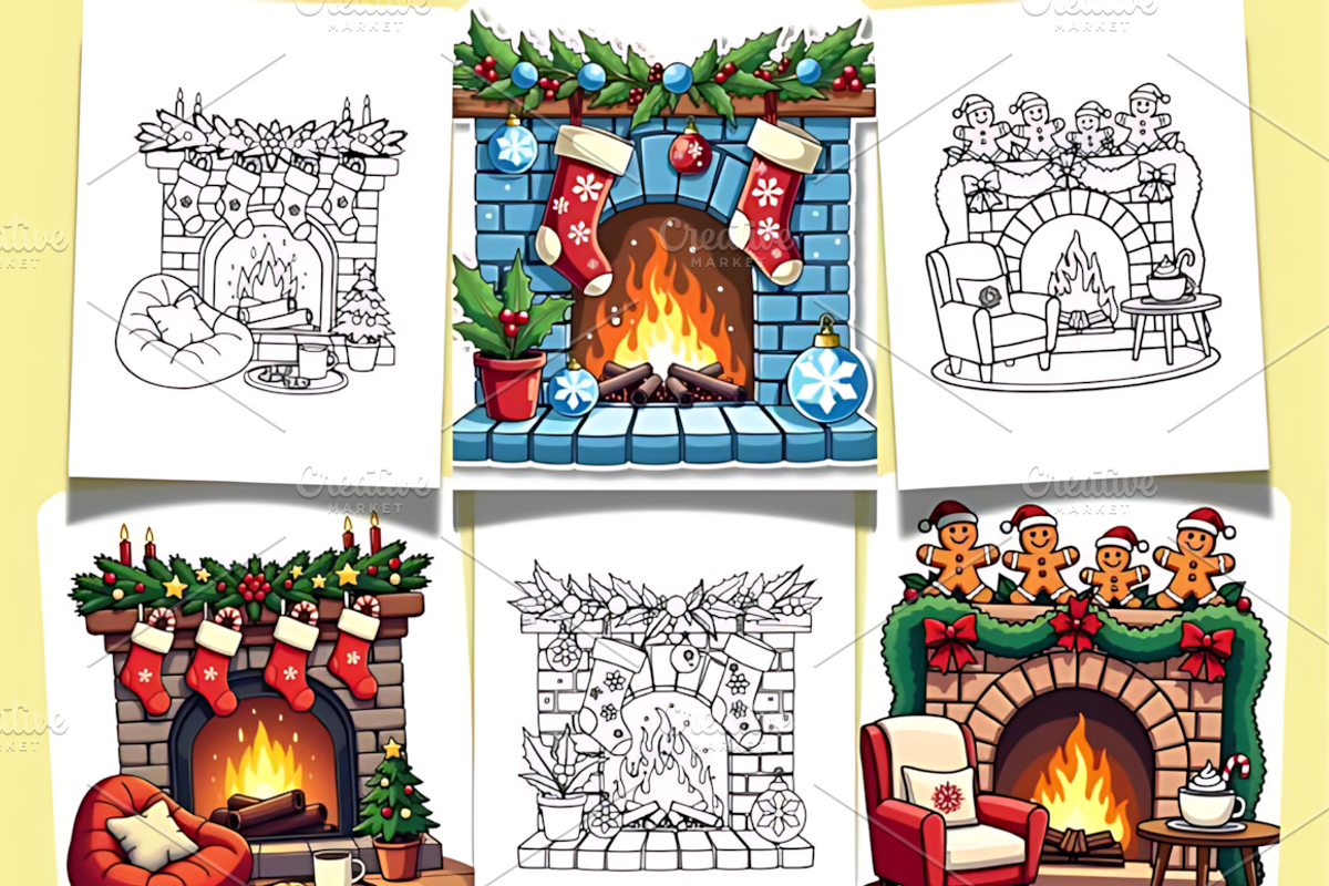 Cozy Christmas Fireplaces Coloring, a Seasonal Illustration by Coco Bloom