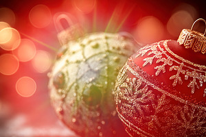 Closeup of glittering Christmas ornaments with festive red and g, a Holiday Photo by José Manuel Gelpi