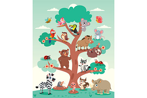 Vector Cartoon Animals On A Tree