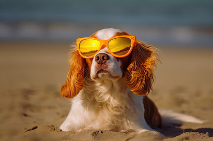 Funny dog with colorful glasses on the beach. Generative AI, an Animal Photo by José Manuel Gelpi