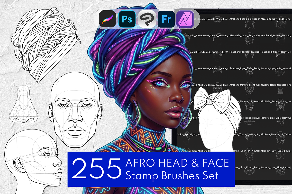 Afro Head Stamps, Black Character, a Brush Add-On by Selentaori Studio (Photo 1 of 12)