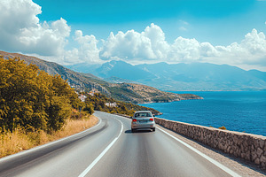 Driving along a scenic coastal road with breathtaking ocean views and mountains, a Transportation Photo by AlyaAnd