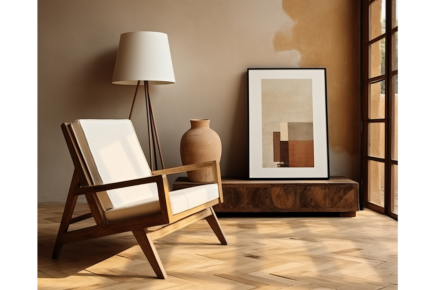Frame mockup within a cozy Japandi, an Architecture Photo by GFXCity