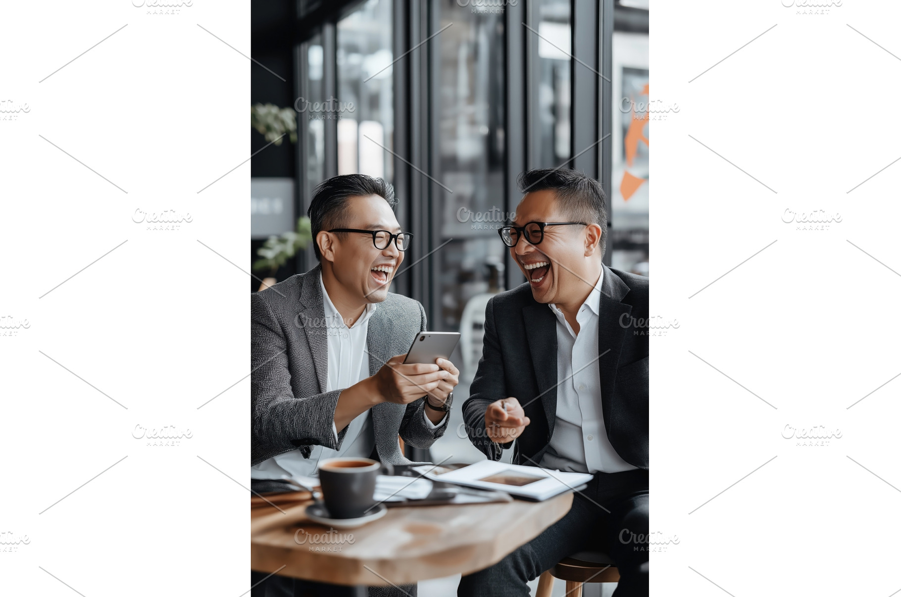 Two Asian businessmen laugh while, a Person Photo by Sergey Kotenev