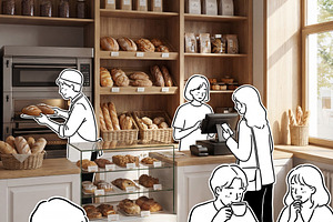 Bakery Scene with Illustrated People, a Business Photo by Virgo Studio