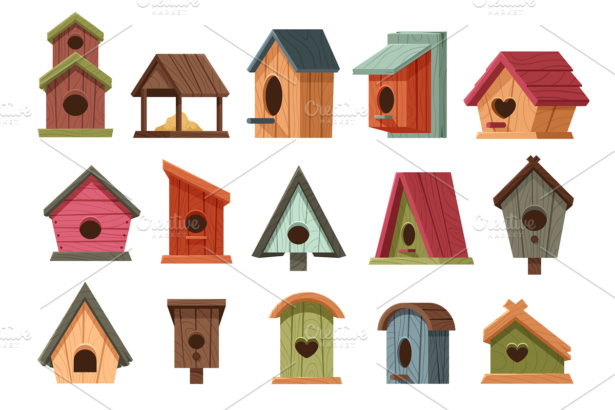 Cartoon wooden bird houses. Rustic, an Animal Illustration by winwin.art