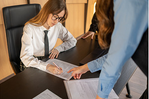 Businesswoman signing a key document, a Person Photo by undrey